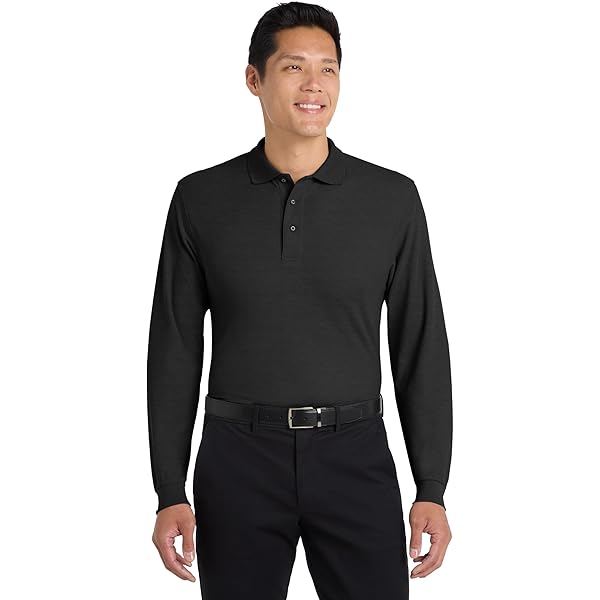 Port Authority EZCotton Long Sleeve Polo Shirt Black at Amazon